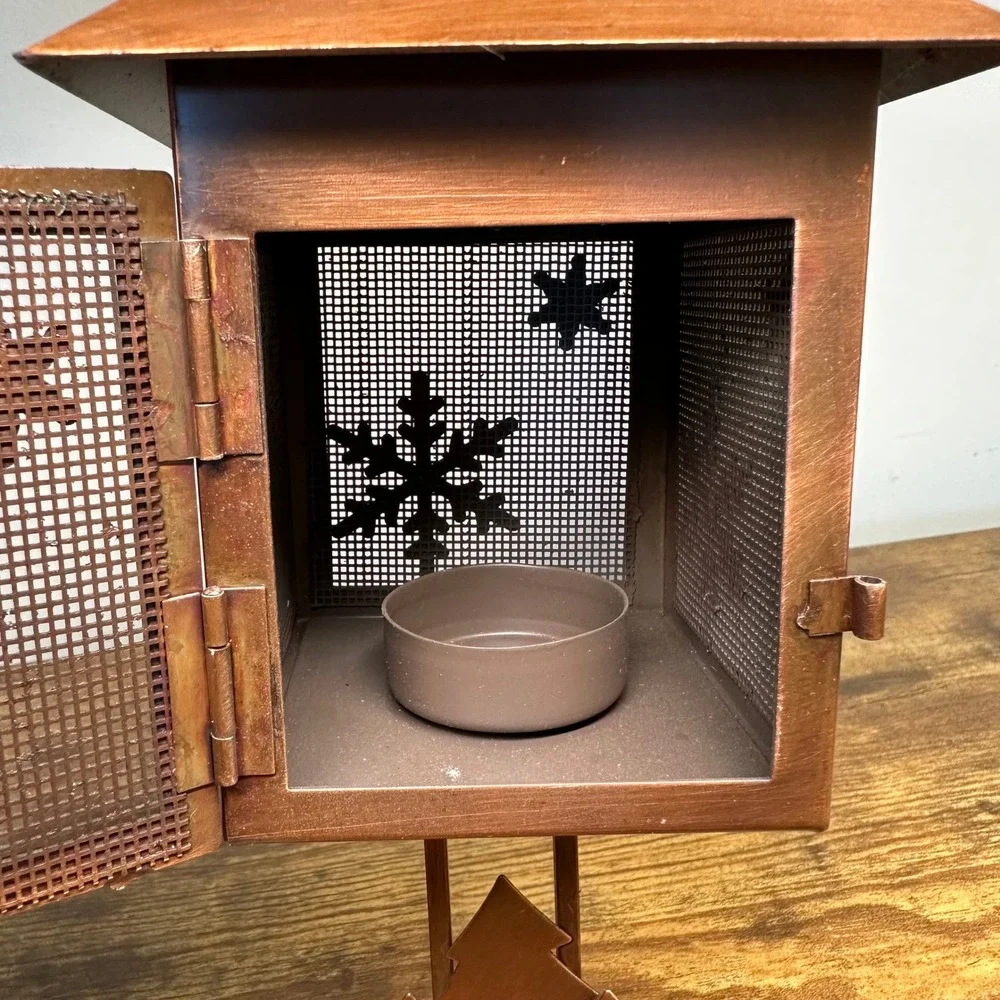Rustic Copper Metal Snowflake Lantern Tea Light Candle‎ Holder Winter Tree Decor